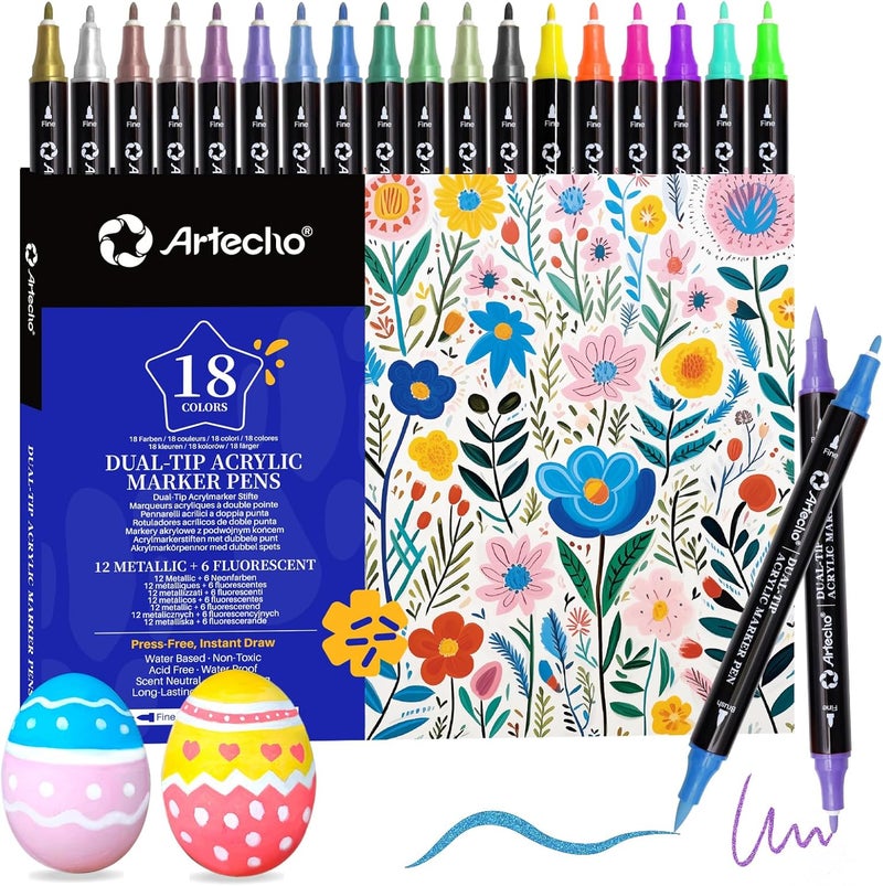Artecho Acrylic Paint Markers 18 Colors include 12 Metallic + 6 Fluorescent Colors, for Stone, Rock Painting, Paper, Pumpkin, Wood, Egg, Canvas, Ceramic, Fabric, leather, Glass, DIY Crafts - Image 1